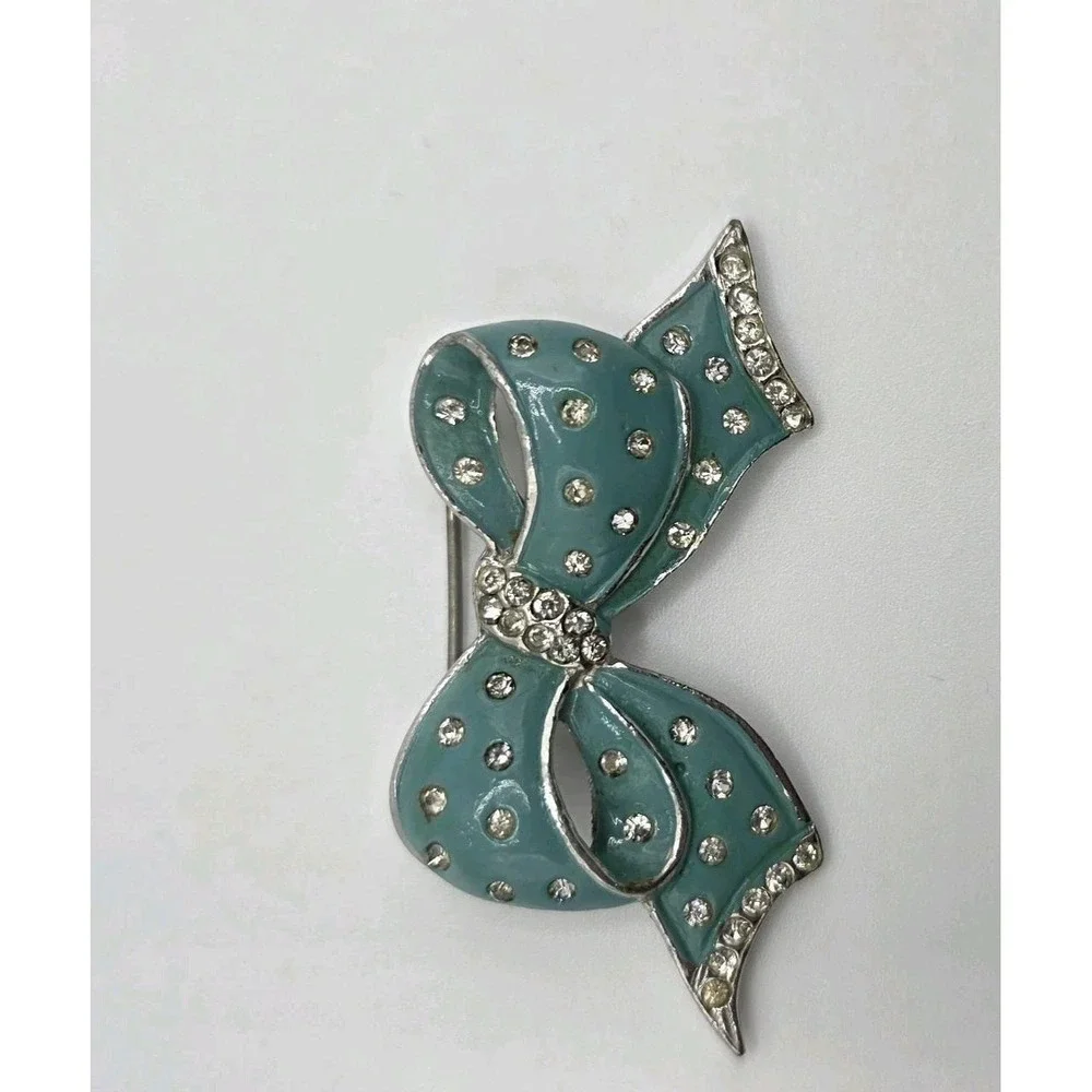 Vintage Silver Tone Blue Enamel Bow Brooch Rhinestone Statement Piece